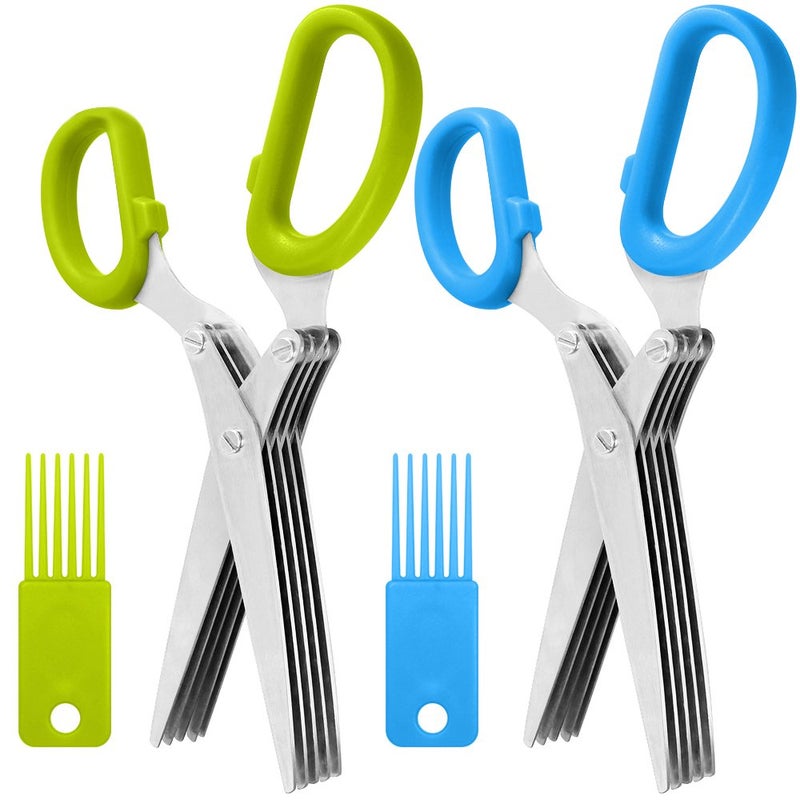 SourceTon 2 Packs Stainless Steel Herb Scissors, SourceTon Multi-purpose Kitchen Shear with 5 Blades and Cleaning Brush, Ergonomic Design Heavy Duty Durables Culinary Cutter with Sharp Blade - Image 1