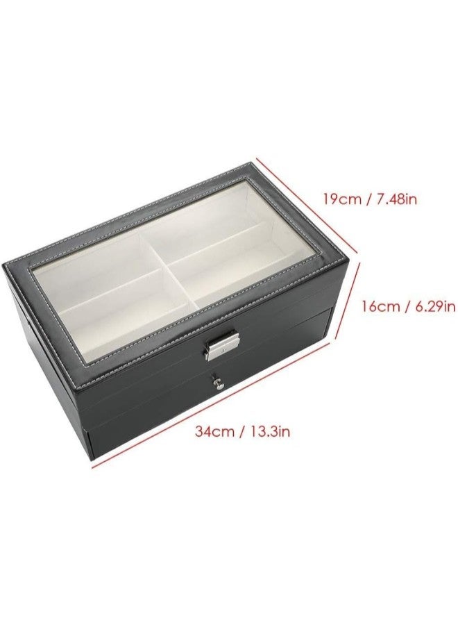 klarako Eyeglass Storage Box, Double Layer PU Leather Eyeglasses Collector Eyewear Display Case with 12 Grids for Necklace Earrings Rings Bracelets, Vintage Gift  - Image 4