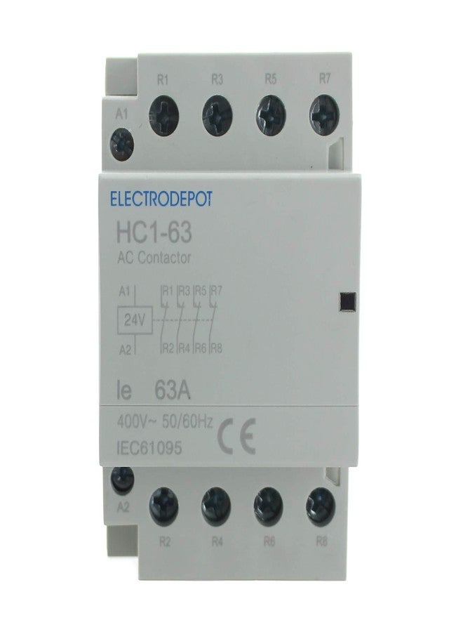 Electrodepot موصل كهربائي من إلكتروديبوت، 63 أمبير، 4 أقطاب، مغلق عادةً، IEC 400 فولت (تشغيل صامت) - ملف 24 فولت، حمل محرك 40 أمبير وحمل إضاءة 63 أمبير، مع قاعدة تثبيت لسكة DIN - Image 1