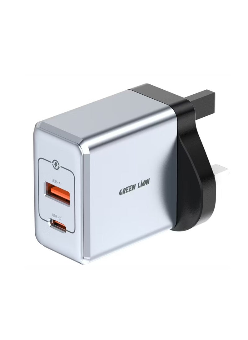 GREEN LION GaN UK Plug Wall Charger with 45W Power Delivery, 0%-50% Charge in 30 Minutes, PC Flame Retardant Material, USB-C & USB-A Ports - Gray  - Image 1