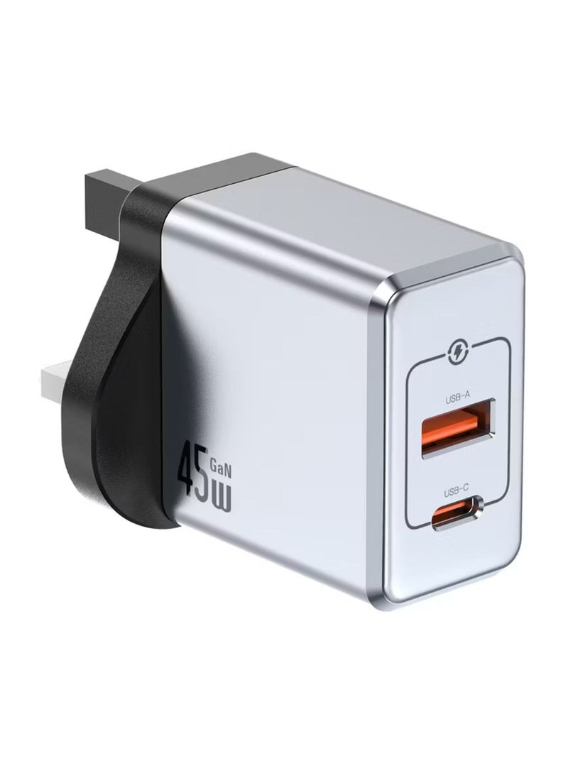 GREEN LION GaN UK Plug Wall Charger with 45W Power Delivery, 0%-50% Charge in 30 Minutes, PC Flame Retardant Material, USB-C & USB-A Ports - Gray  - Image 3