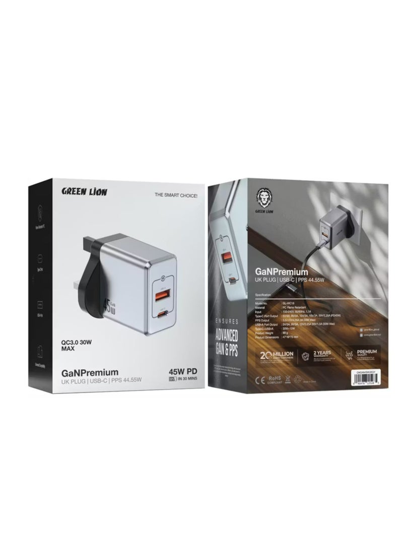 GREEN LION GaN UK Plug Wall Charger with 45W Power Delivery, 0%-50% Charge in 30 Minutes, PC Flame Retardant Material, USB-C & USB-A Ports - Gray  - Image 5