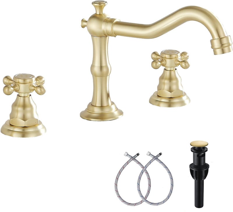 Brushed Gold Bathroom Faucet GGStudy 2 Handles 3 Holes Widespread Bathroom Sink Facuet Farmhouse Washingroom Faucet Mixer Tap