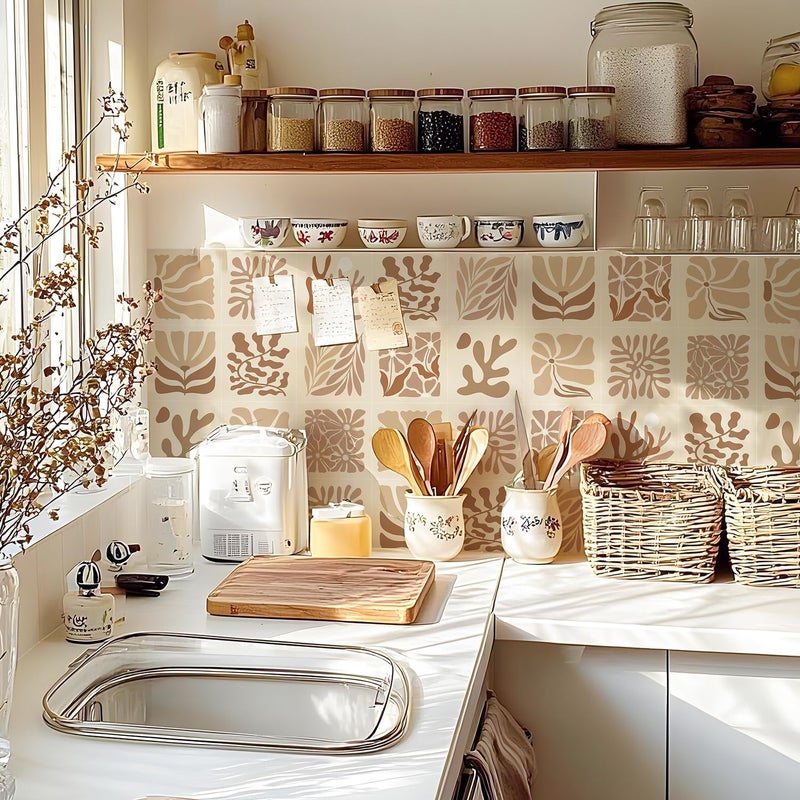 Alwayspon Self-Adhesive Vinyl Wall Tile Stickers, 10Pcs 15cm/6inch Peel and Stick on Tiles Transfer Vinyl Flooring Waterproof Splashback for Kitchen Bathroom, Brown Floral - Image 3