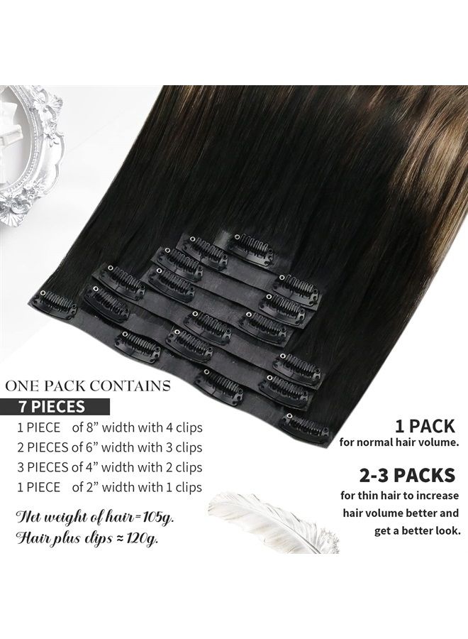 Moresoo Seamless Hair Extensions Clip in Human Hair Balayage PU Seamless Clip in Hair Extensions Ombre Black to Brown Mix Caramel Blonde Invisible Clip in Extensions Human Hair 14inch 120g 7pcs - Image 1