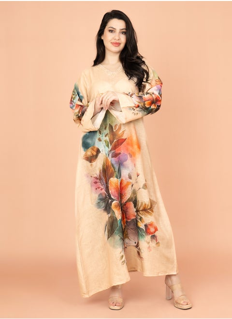Graceful Floral Highlight Jalabiya IN1848 Beige