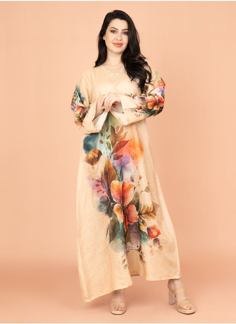 IKKXA Graceful Floral Highlight Jalabiya IN1848 Beige  - Image 1