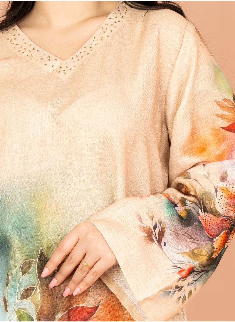 IKKXA Graceful Floral Highlight Jalabiya IN1848 Beige  - Image 2