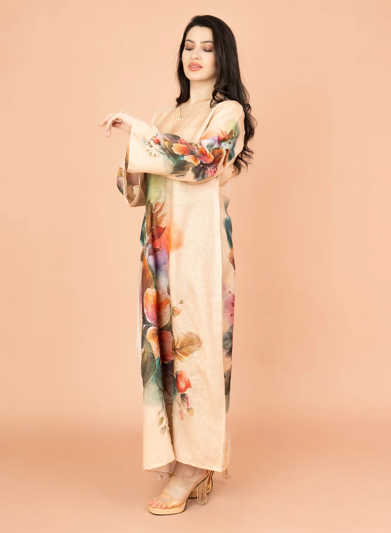 IKKXA Graceful Floral Highlight Jalabiya IN1848 Beige