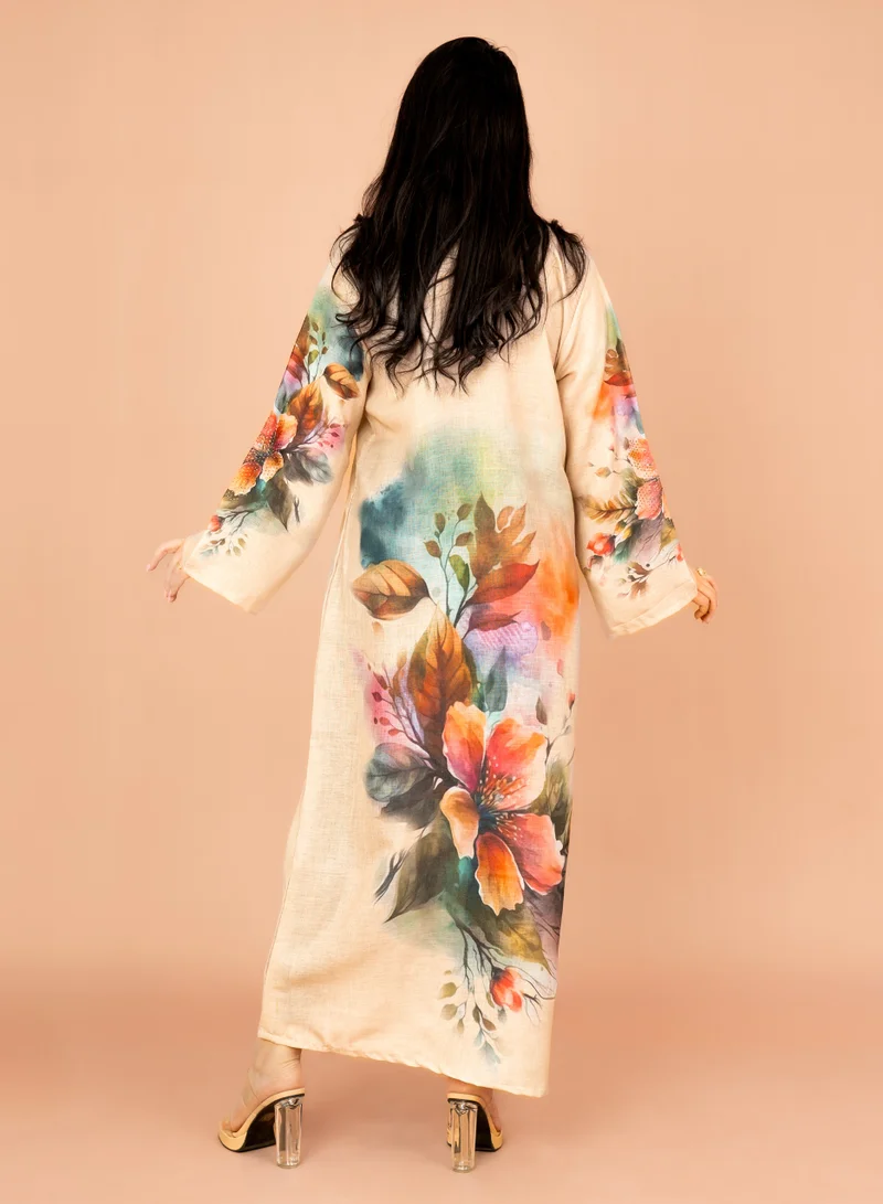IKKXA Graceful Floral Highlight Jalabiya IN1848 Beige