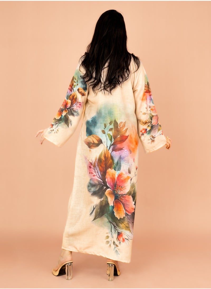 IKKXA Graceful Floral Highlight Jalabiya IN1848 Beige  - Image 4