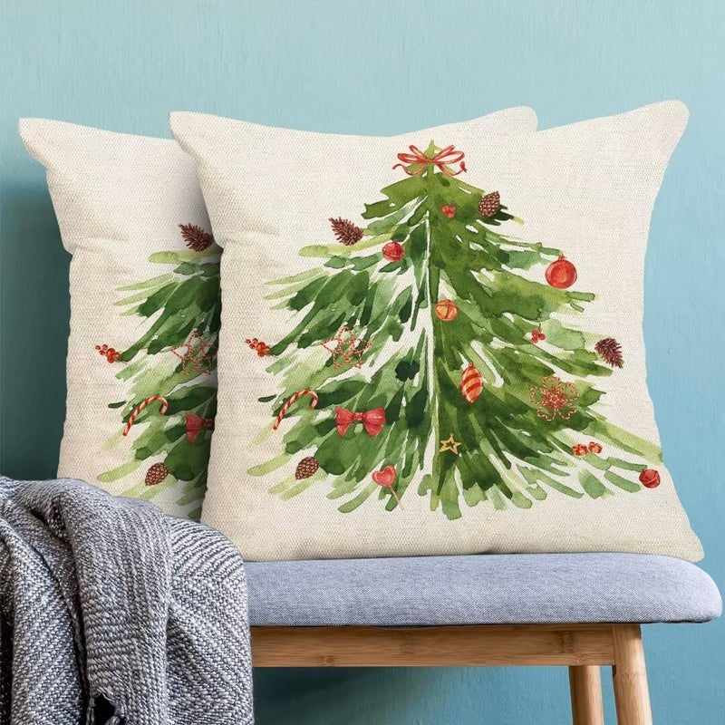 AEIOAE Watercolor Green Tree Pillow Covers 22 x 22 Inch Set of 2 Nature Forest Decorative Throw Pillows Farmhouse Linen Christmas Winter Pillow Case for Couch Sofa Bedroom Outdoor Decor - Image 4