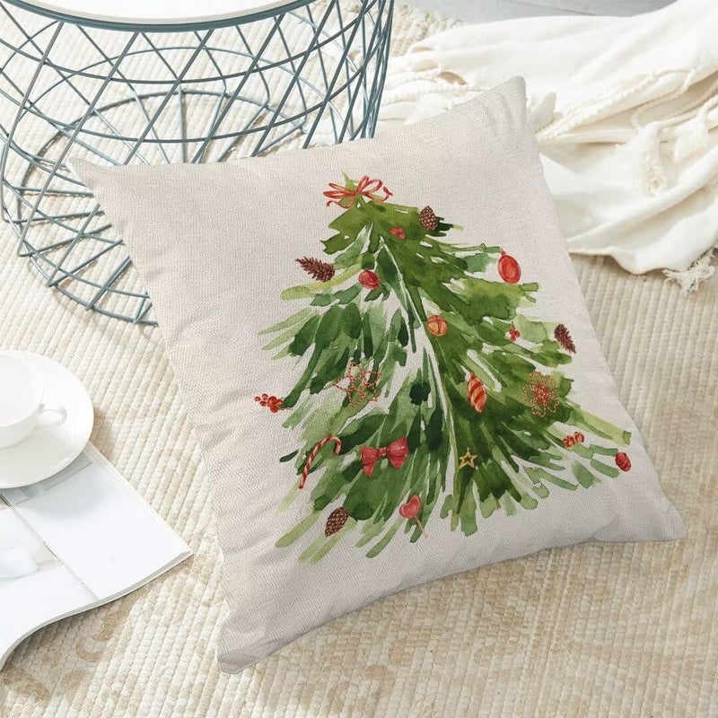 AEIOAE Watercolor Green Tree Pillow Covers 22 x 22 Inch Set of 2 Nature Forest Decorative Throw Pillows Farmhouse Linen Christmas Winter Pillow Case for Couch Sofa Bedroom Outdoor Decor - Image 5