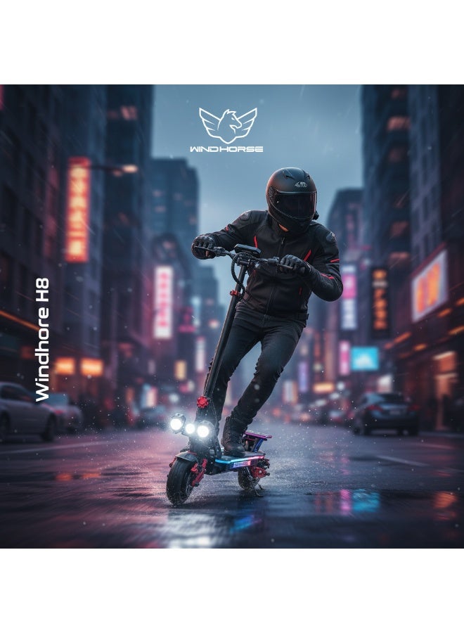 حصان الريح سكوتر كهربائي قابل للطي H8 3600 واط (محركان مزدوجان 1800 واط)، بطارية 48 فولت 27 أمبير، سرعة 80 كم/ساعة، مدى 65 كم، تعليق مزدوج، فرامل قرصية، إطارات 10x3 بوصة، أضواء RGB، شاشة رقمية كبيرة - Image 2