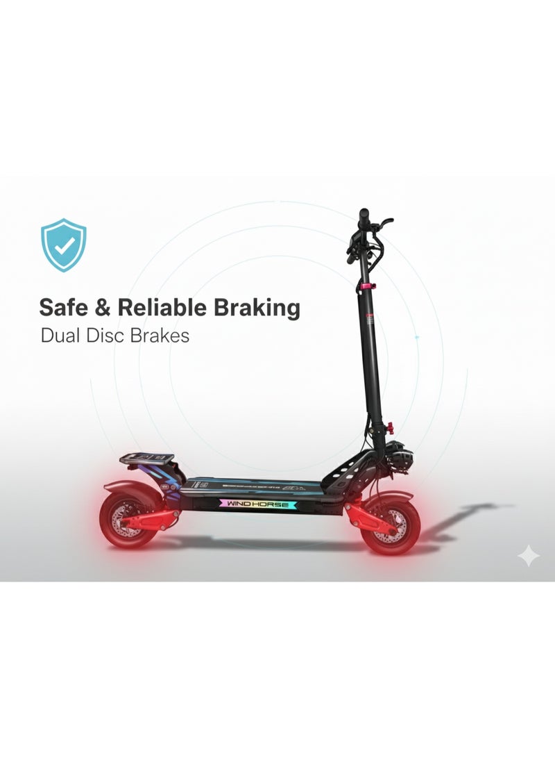 حصان الريح سكوتر كهربائي قابل للطي H8 3600 واط (محركان مزدوجان 1800 واط)، بطارية 48 فولت 27 أمبير، سرعة 80 كم/ساعة، مدى 65 كم، تعليق مزدوج، فرامل قرصية، إطارات 10x3 بوصة، أضواء RGB، شاشة رقمية كبيرة - Image 3