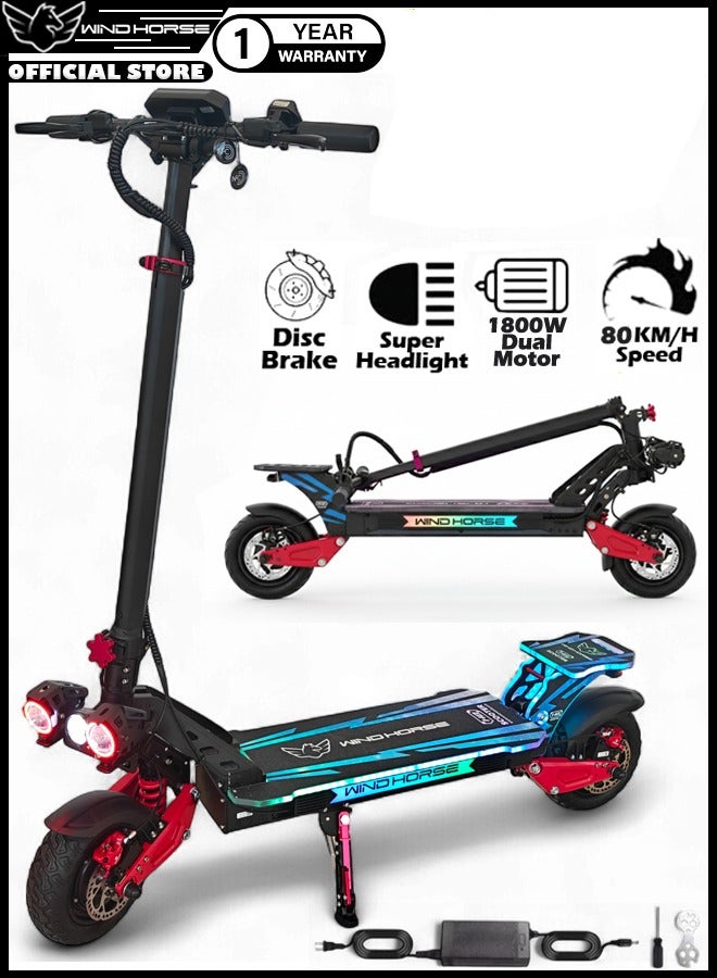 حصان الريح سكوتر كهربائي قابل للطي H8 3600 واط (محركان مزدوجان 1800 واط)، بطارية 48 فولت 27 أمبير، سرعة 80 كم/ساعة، مدى 65 كم، تعليق مزدوج، فرامل قرصية، إطارات 10x3 بوصة، أضواء RGB، شاشة رقمية كبيرة - Image 1