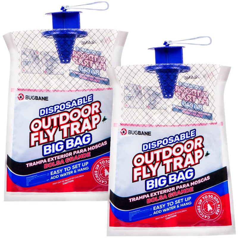 BugBane Fly Traps Outdoor Fly Trap for Patio. 2 Large Non-Toxic Pre-Baited Flies Bags Outdoor Disposable. Big Hanging Bug Catchers for All Filth Flies Killer for Outside Bug Control in Yard Horse Ranch - Image 1