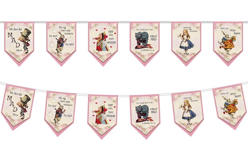 Vintage Style Alice in Wonderland Bunting Tea Party Floral Flag Banner Christmas Bunting Banner Girls Birthday Party Decorations Supplies Vintage Christmas Banner Retro Christmas Garland Xmas Bunting