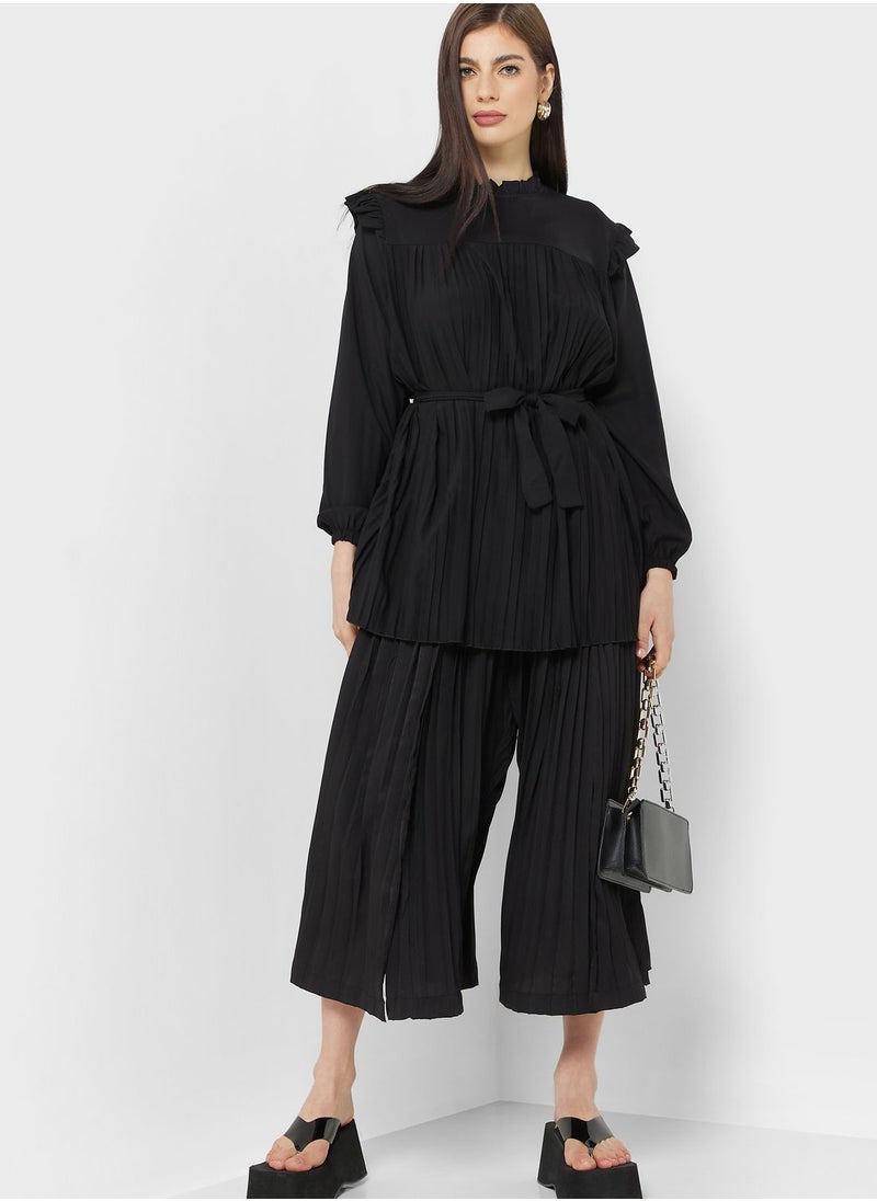 Khizana - Belted Pleat Detail Paneled Pants - Image 1