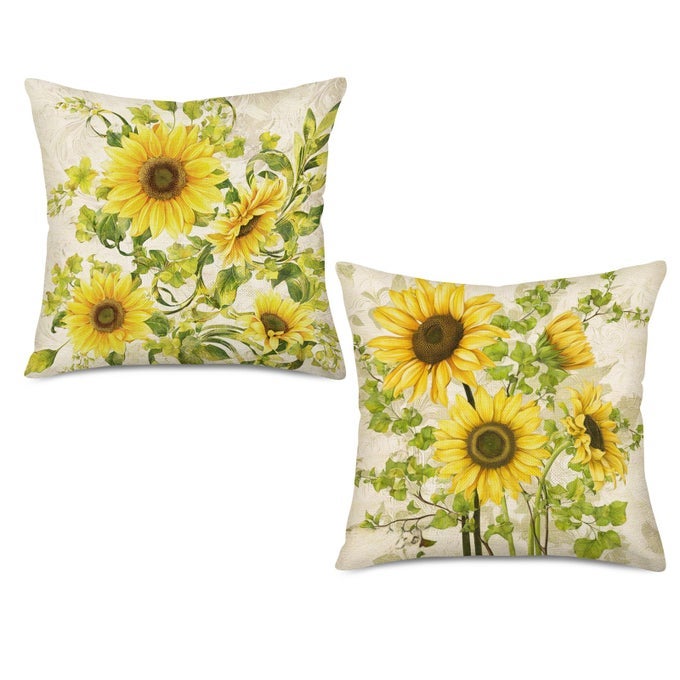 Sunflower Decorative Holiday Pillow Covers Yellow Floral Design Pillow Cases Square Cotton Linen Set of 2 Throw Pillow Cushion Cover Home Sofa Garden Decor Pillow Sham 18x 18