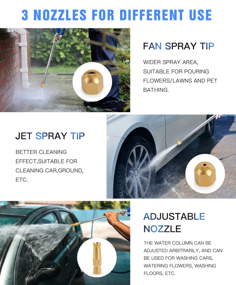 Geichan 2025 Upgraded Jet Nozzle Power Washer for Garden Hose,Hydro Jet Power Washer Tools with 3 Hose Nozzles, 2-in-1 High Pressure Washer Wand Attachments for Car Garden Watering Window Pet Washing - Image 4