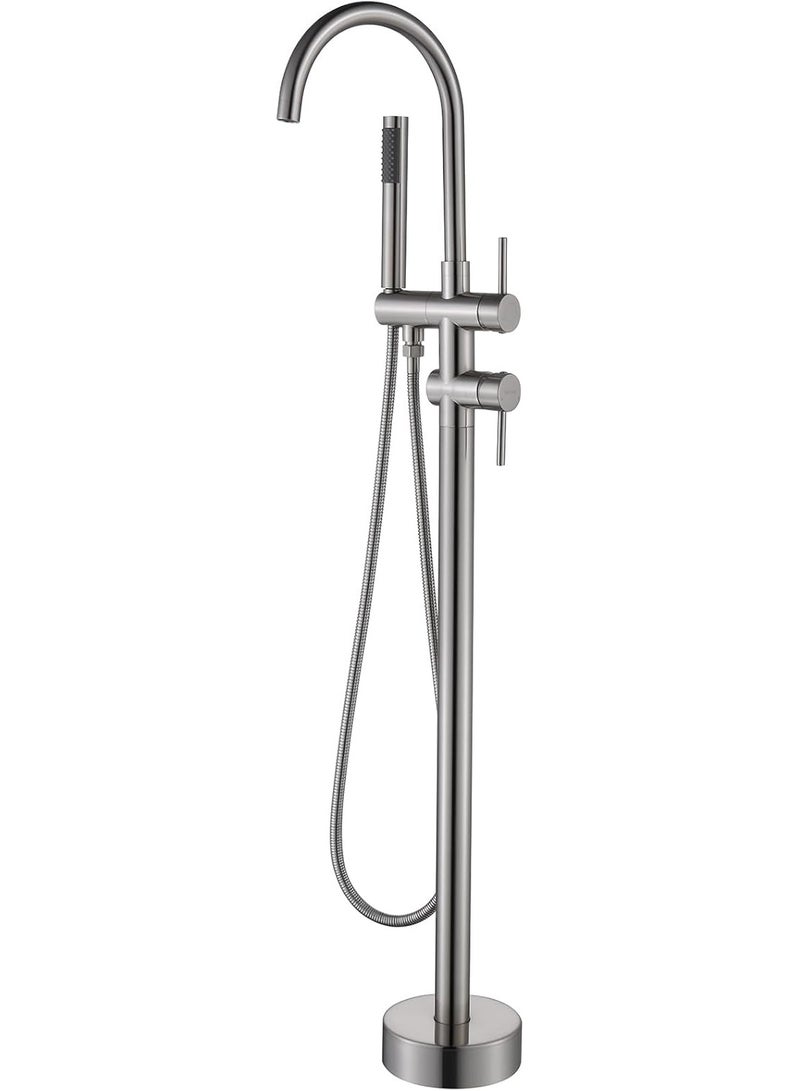 Luxury Floor Mounted Bathtub Faucet with Hand Shower, Brushed Nickel Freestanding Bath Mixer Tap, Modern Bathroom Tub Filler, Hot & Cold Water Single Handle Design - Image 1