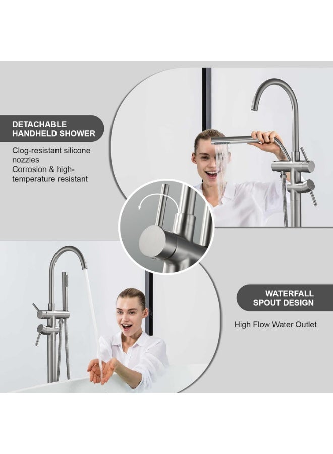 Luxury Floor Mounted Bathtub Faucet with Hand Shower, Brushed Nickel Freestanding Bath Mixer Tap, Modern Bathroom Tub Filler, Hot & Cold Water Single Handle Design - Image 2