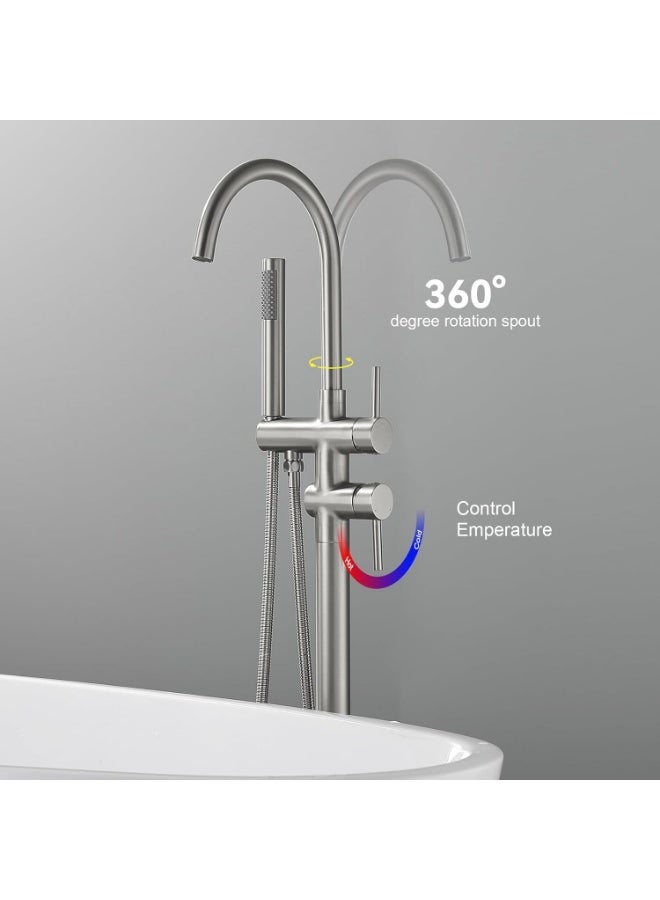 Luxury Floor Mounted Bathtub Faucet with Hand Shower, Brushed Nickel Freestanding Bath Mixer Tap, Modern Bathroom Tub Filler, Hot & Cold Water Single Handle Design - Image 3