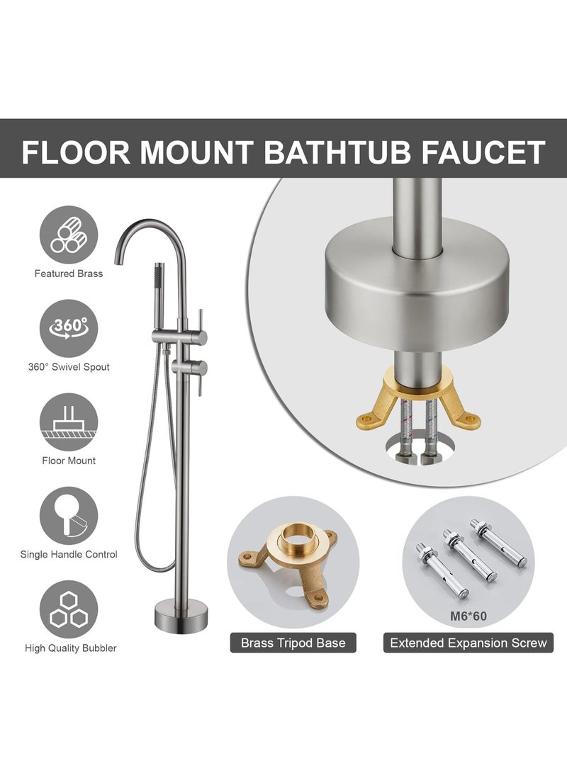 Luxury Floor Mounted Bathtub Faucet with Hand Shower, Brushed Nickel Freestanding Bath Mixer Tap, Modern Bathroom Tub Filler, Hot & Cold Water Single Handle Design - Image 4