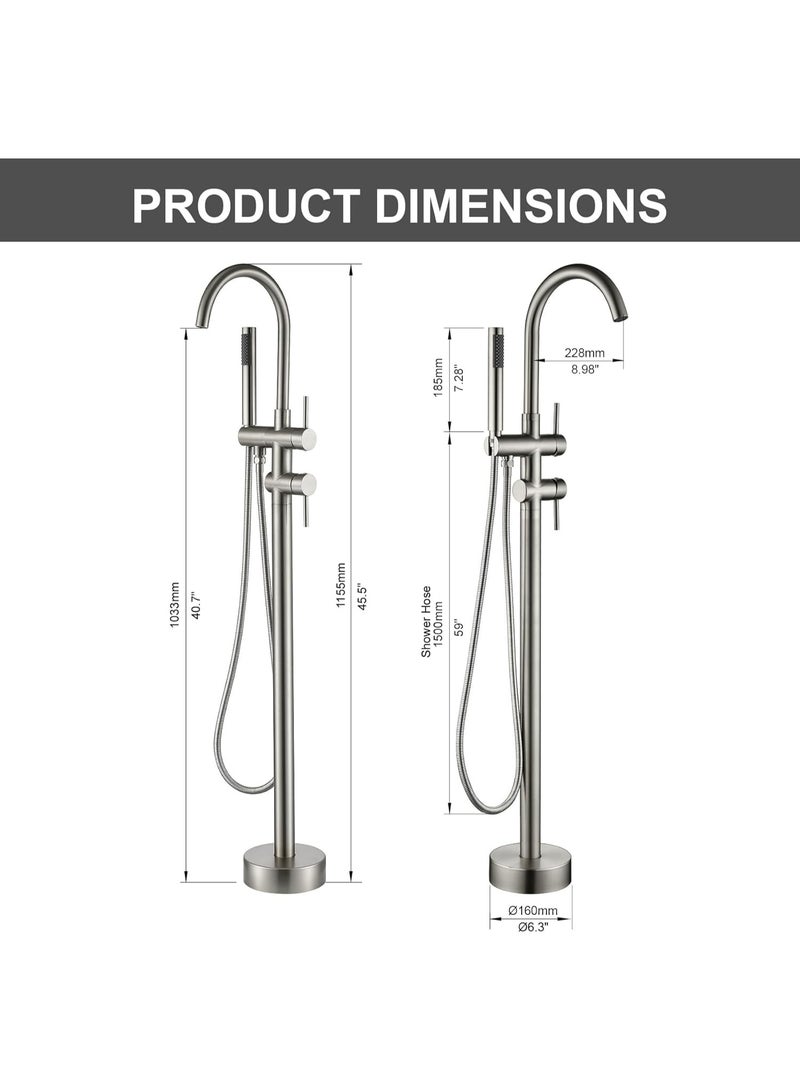 Luxury Floor Mounted Bathtub Faucet with Hand Shower, Brushed Nickel Freestanding Bath Mixer Tap, Modern Bathroom Tub Filler, Hot & Cold Water Single Handle Design - Image 5