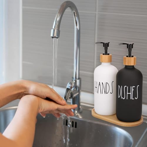 MeRaYo Soap Dispenser for Kitchen Handwash Dispenser Dish Wash Dispenser Liquid Soap Dispenser for Kitchen Sink Dishwash and Hand Wash Liquid Dispensers Pump with Bamboo Tray, Glass, 17 Ounces - Image 3