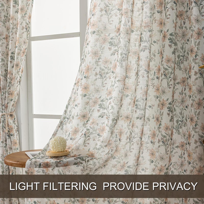 SUOUO Vintage Floral Semi Sheer Curtains Linen Textured for Living Room 84 inches Long Rod Pocket Light Filtering Window Drapes for Dining Bedroom 2 Panels - Image 3