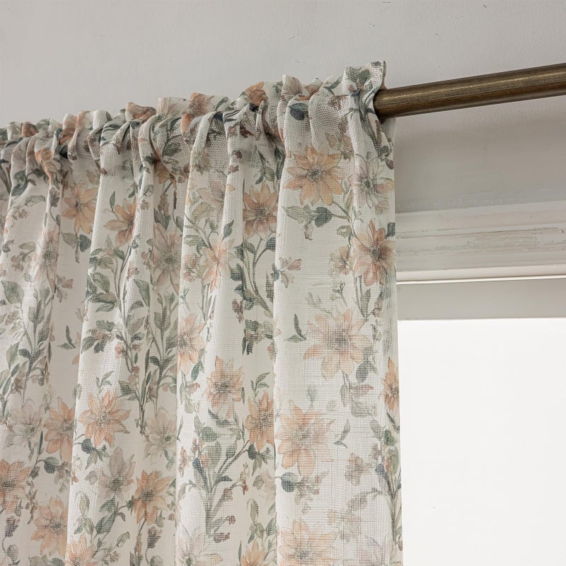 SUOUO Vintage Floral Semi Sheer Curtains Linen Textured for Living Room 84 inches Long Rod Pocket Light Filtering Window Drapes for Dining Bedroom 2 Panels - Image 2