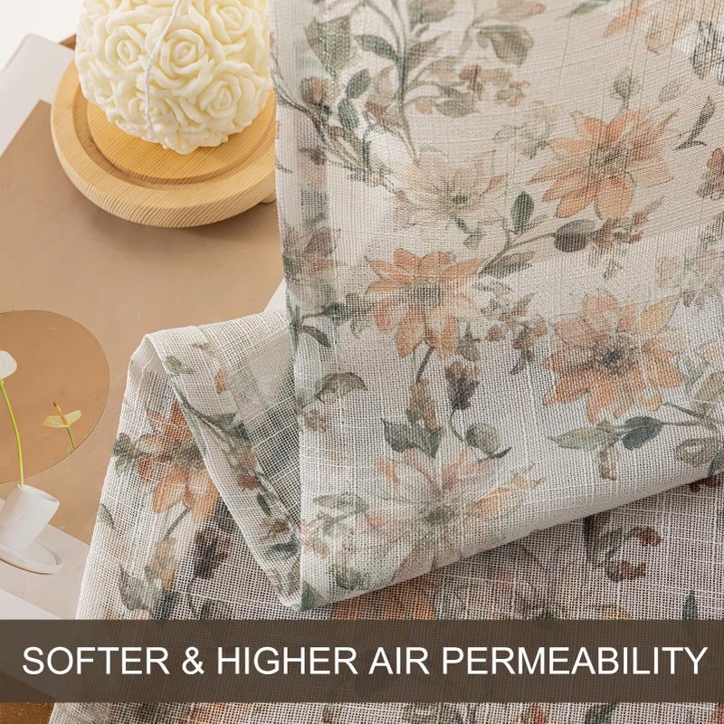 SUOUO Vintage Floral Semi Sheer Curtains Linen Textured for Living Room 84 inches Long Rod Pocket Light Filtering Window Drapes for Dining Bedroom 2 Panels - Image 4