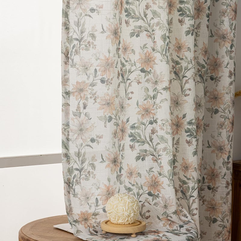 SUOUO Vintage Floral Semi Sheer Curtains Linen Textured for Living Room 84 inches Long Rod Pocket Light Filtering Window Drapes for Dining Bedroom 2 Panels - Image 1