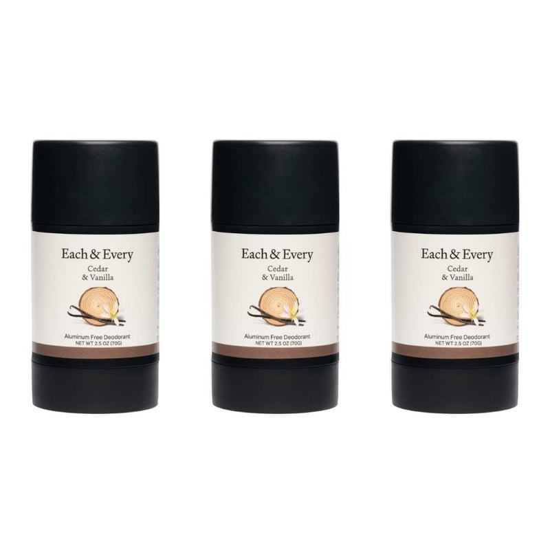 مزيل العرق الطبيعي بالكامل للنساء والرجال - للبشرة الحساسة، نباتي، خالي من بيكربونات الصوديوم والألمنيوم - تحكم طويل الأمد في الروائح لمدة 24 ساعة - بحجم السفر برائحة خشب الأرز والفانيليا (3 عبوات، 2.5 أونصة)