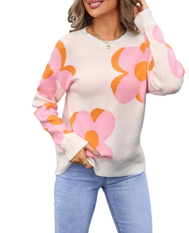 Sumleno Womens Cute Color Block Flower Pattern Sweaters Crewneck Pullover Tops Kawaii Aesthetic Fall Winter Knitwear (L,White) - Image 1