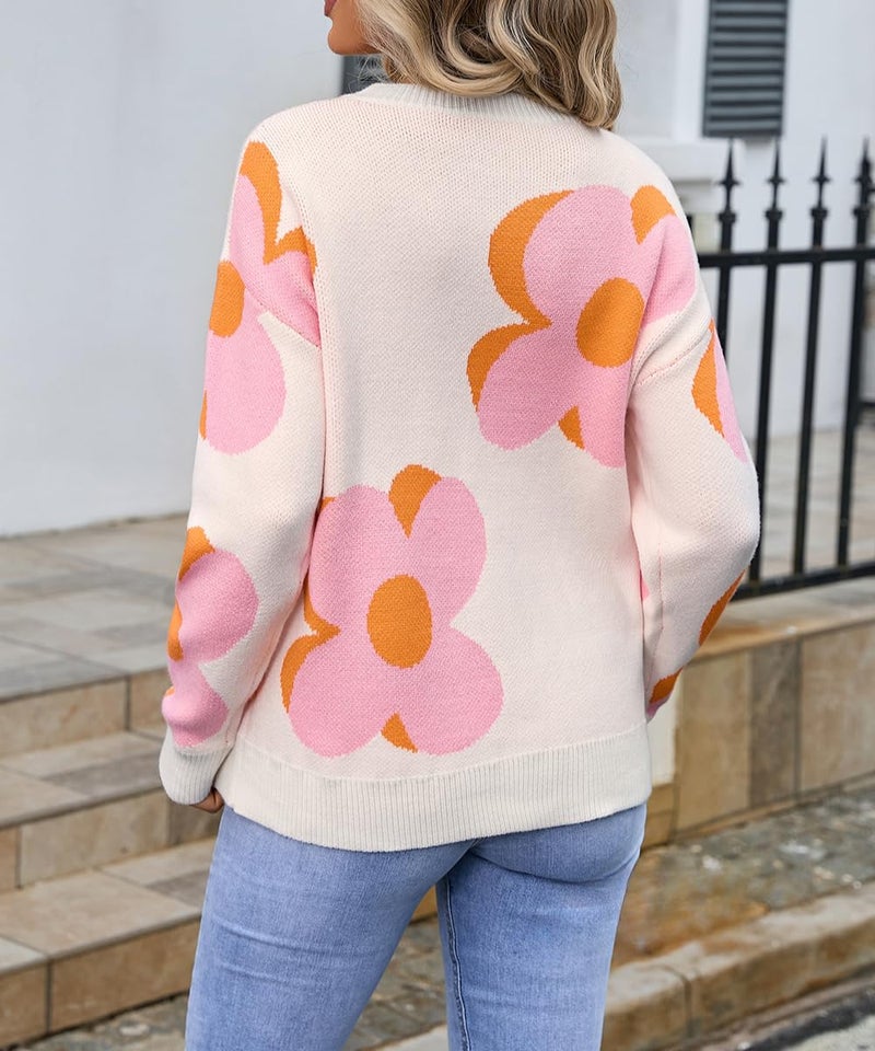 Sumleno Womens Cute Color Block Flower Pattern Sweaters Crewneck Pullover Tops Kawaii Aesthetic Fall Winter Knitwear (L,White) - Image 5