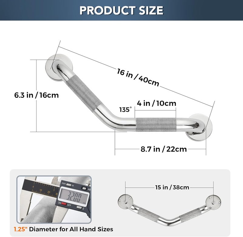JOY DECOR Grab Bars for Bathtubs and Showers- 1-1/4 x 16" Angled Shower Grab Bar for Seniors Knurled Stainless Steel Handicap Grab Bars for Wall (Polished Nickel, 1 Pack) - Image 3