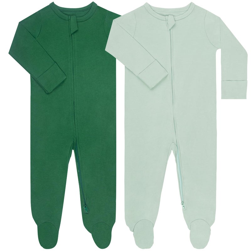 GUISBY Footed Long Sleeve Baby Pajamas with Zipper Cotton Infant Sleepers Dark Green+Green Grey 9-12 Months - Image 1