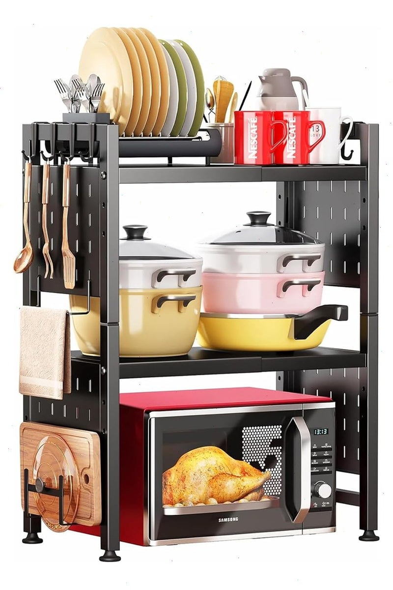 Yoawllty 2-Tier Expandable Microwave Oven Rack With 6 Hooks, Horizontal Extension Microwave Stand, Kitchen Counter Organizer for Toaster, Oven, Rice Cooker(Black) - Image 1