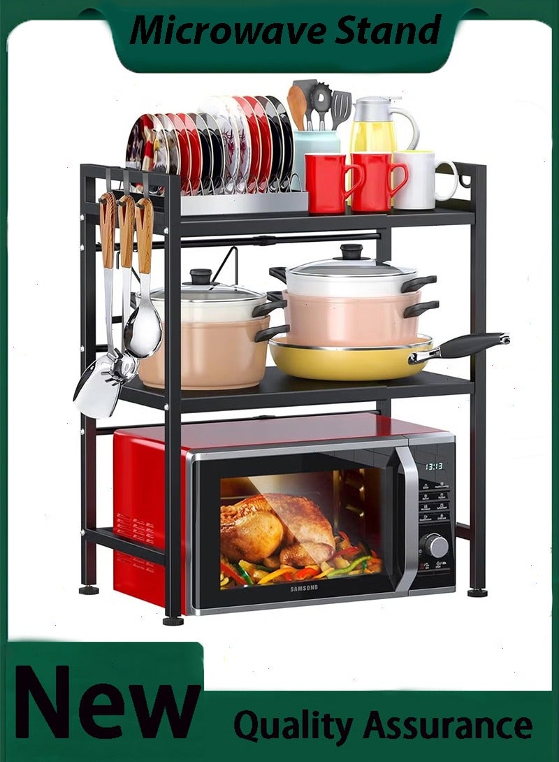 يواوليتي رف فرن ميكروويف من طبقتين، حامل ميكروويف قابل للتمديد مع 6 خطافات، منظم طاولة المطبخ للمحمصة والفرن وطباخ الأرز (أسود) - Image 1