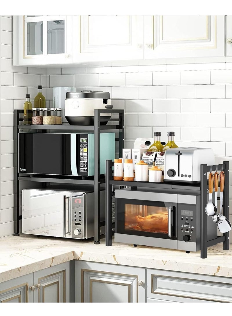 يواوليتي رف فرن ميكروويف من طبقتين، حامل ميكروويف قابل للتمديد مع 6 خطافات، منظم طاولة المطبخ للمحمصة والفرن وطباخ الأرز (أسود) - Image 2