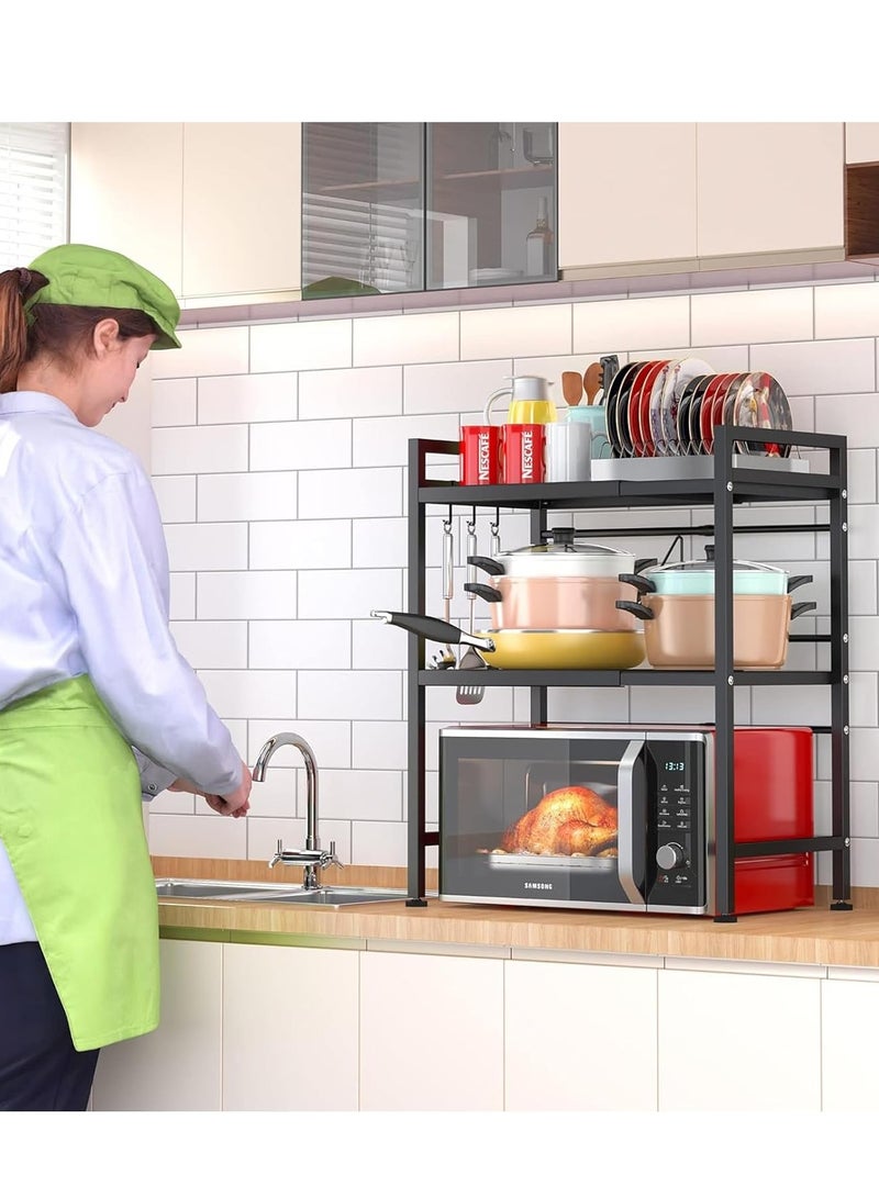 يواوليتي رف فرن ميكروويف من طبقتين، حامل ميكروويف قابل للتمديد مع 6 خطافات، منظم طاولة المطبخ للمحمصة والفرن وطباخ الأرز (أسود) - Image 4