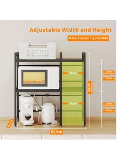 Yoawllty Microwave Stand, 2-Tier Microwave Oven Rack With 6 Hooks, Expandable Horizontal Extension Microwave Shelf, Kitchen Counter Organizer for Toaster Oven Rice Cooker  - Image 2