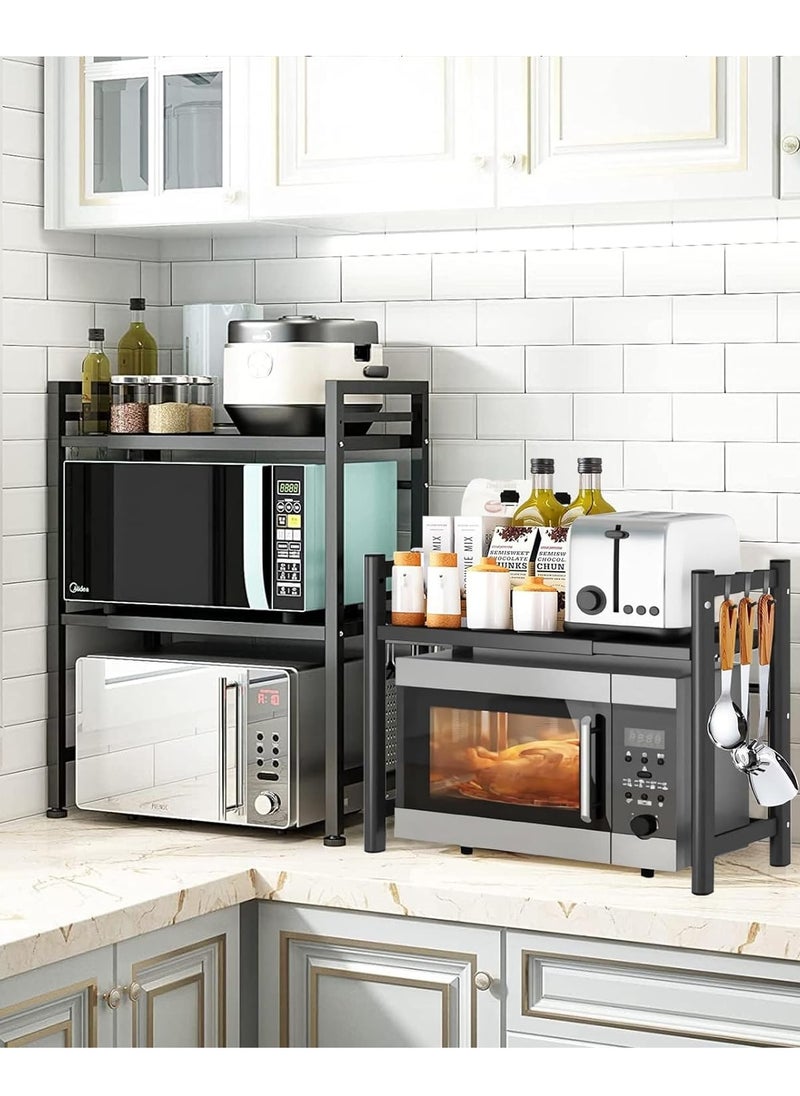 Yoawllty - Microwave Stand, 2-Tier Microwave Oven Rack With 6 Hooks, Expandable Horizontal Extension Microwave Shelf, Kitchen Counter Organizer for Toaster Oven Rice Cooker - Image 1