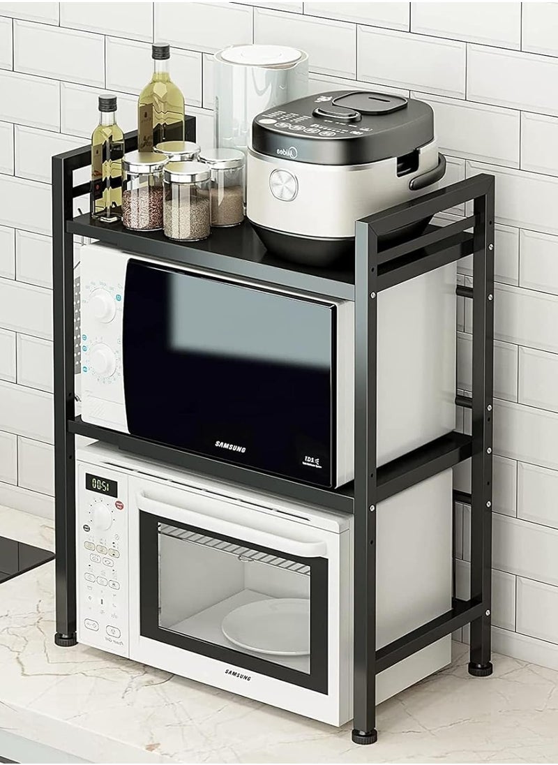 Yoawllty - Microwave Stand, 2-Tier Microwave Oven Rack With 6 Hooks, Expandable Horizontal Extension Microwave Shelf, Kitchen Counter Organizer for Toaster Oven Rice Cooker - Image 1