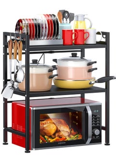 Yoawllty Microwave Stand, 2-Tier Microwave Oven Rack With 6 Hooks, Expandable Horizontal Extension Microwave Shelf, Kitchen Counter Organizer for Toaster Oven Rice Cooker  - Image 1