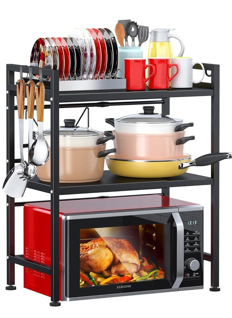 Yoawllty - Microwave Stand, 2-Tier Microwave Oven Rack With 6 Hooks, Expandable Horizontal Extension Microwave Shelf, Kitchen Counter Organizer for Toaster Oven Rice Cooker - Image 1