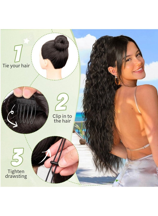 KooKaStyle Ponytail Extensions, 30 Inch Drawstring Clip-On Long Wavy Ponytail Chestnut Brown Synthetic Curly Hairpieces For Women And Girls  - Image 2